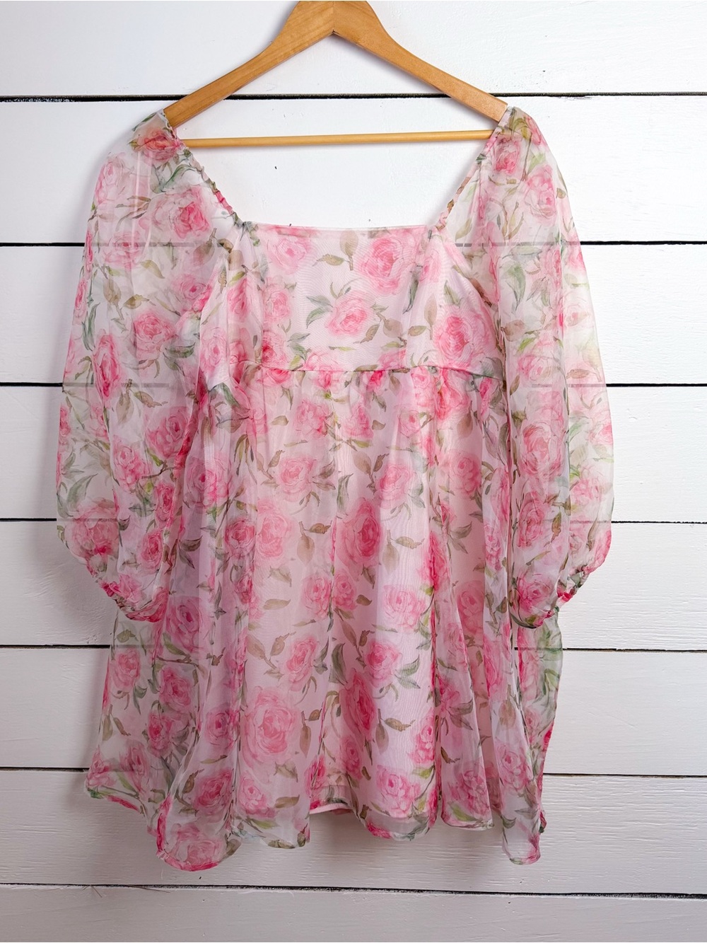 Floral Sheer Pink Mini Dress with Puff Sleeves